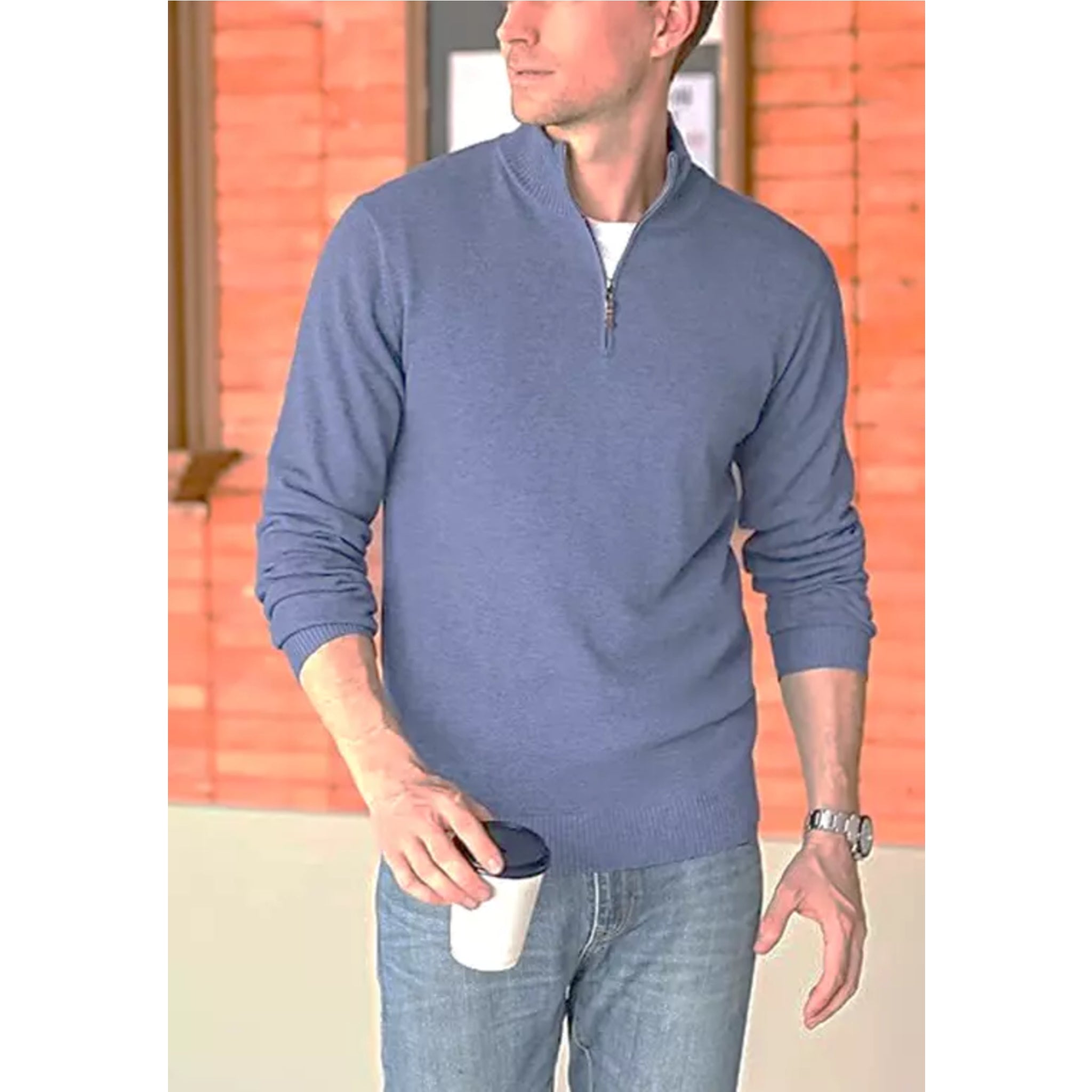 Men's high-quality classic 1/4 zip jumper in slate grey – long sleeve knit sweater with ribbed cuffs and hem, ideal for smart casual wear